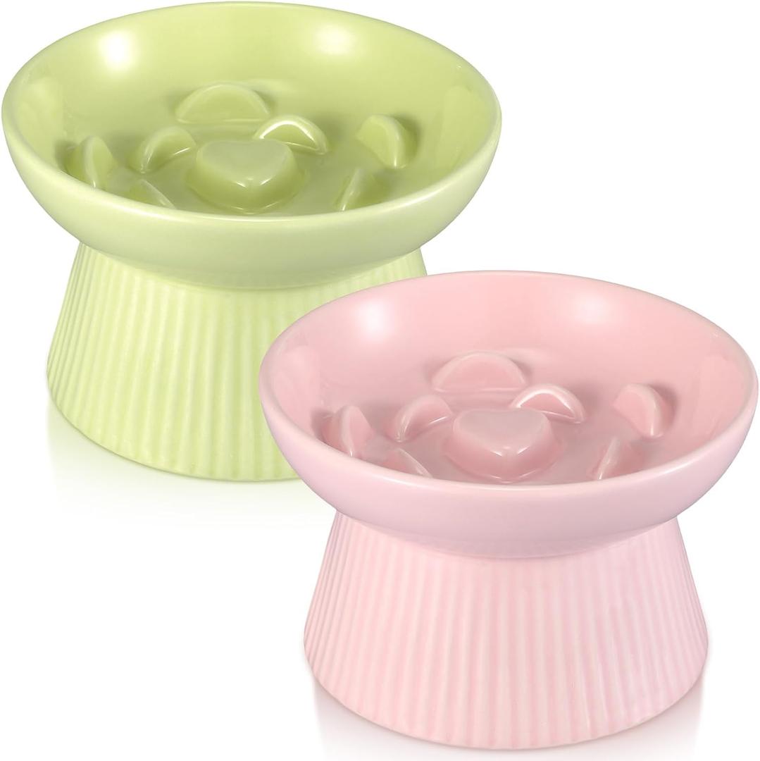 Layhit 2 Pack Raised Slow Feeder Cat Bowls Ceramic Elevated Cat Food Bowls Anti Vomiting Slow Feeder for Dog and Kitten for Dry and Wet Food(Green, Pink)