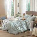 MooMee Gingham Duvet Cover Set 100% Washed Cotton Linen Like Textured Breathable Durable Soft Comfy Modern Checkered Design (Sage Green Gingham, King 104"x90")