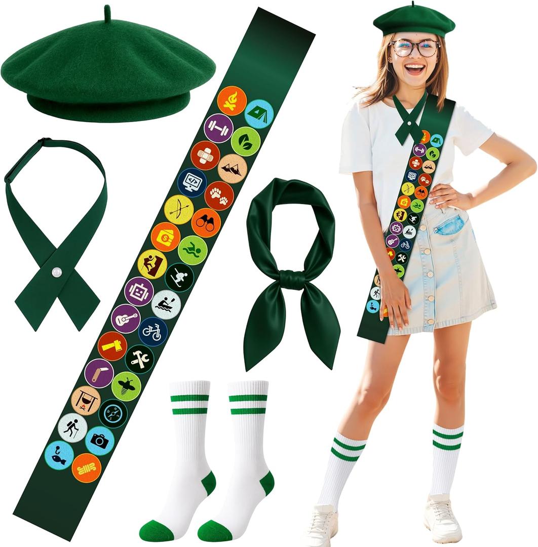 Halloween Girl Scout Costume Set for Women Blackish Green Beret Sash Scarf Socks Tattoos Bowtie Party Dress Up