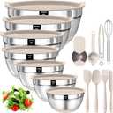 AIKKIL Mixing Bowls with Airtight Lids, 20 piece Stainless Steel Metal Nesting Bowls, NonSlip Silicone Bottom, Size 7, 3.5, 2.5, 2.0,1.5, 1,0.67QT Great for Mixing, Baking, Serving (Khaki)