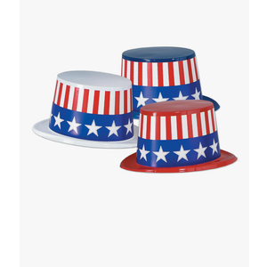 9 Pack Patriotic Plastic Top Hats with Red White & Blue Bands – Independence Day Party Favors for Adults & Kids