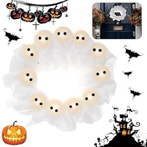Light-Up Halloween Ghost Wreath, 12 Glowing White Spooky Halloween Wreaths for Front Door, Outdoor & Indoor Hanging Decoration for Wall Door, Halloweens Decor