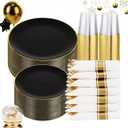 KIRE 350 PCS Plastic Dinnerware Set for 50 Guests - Black and Gold Plates 50 for Dinner 50 for Dessert & 50 Pre Rolled Napkins with Disposable Silverware 50 Cups for New Year/Banquet/Wedding