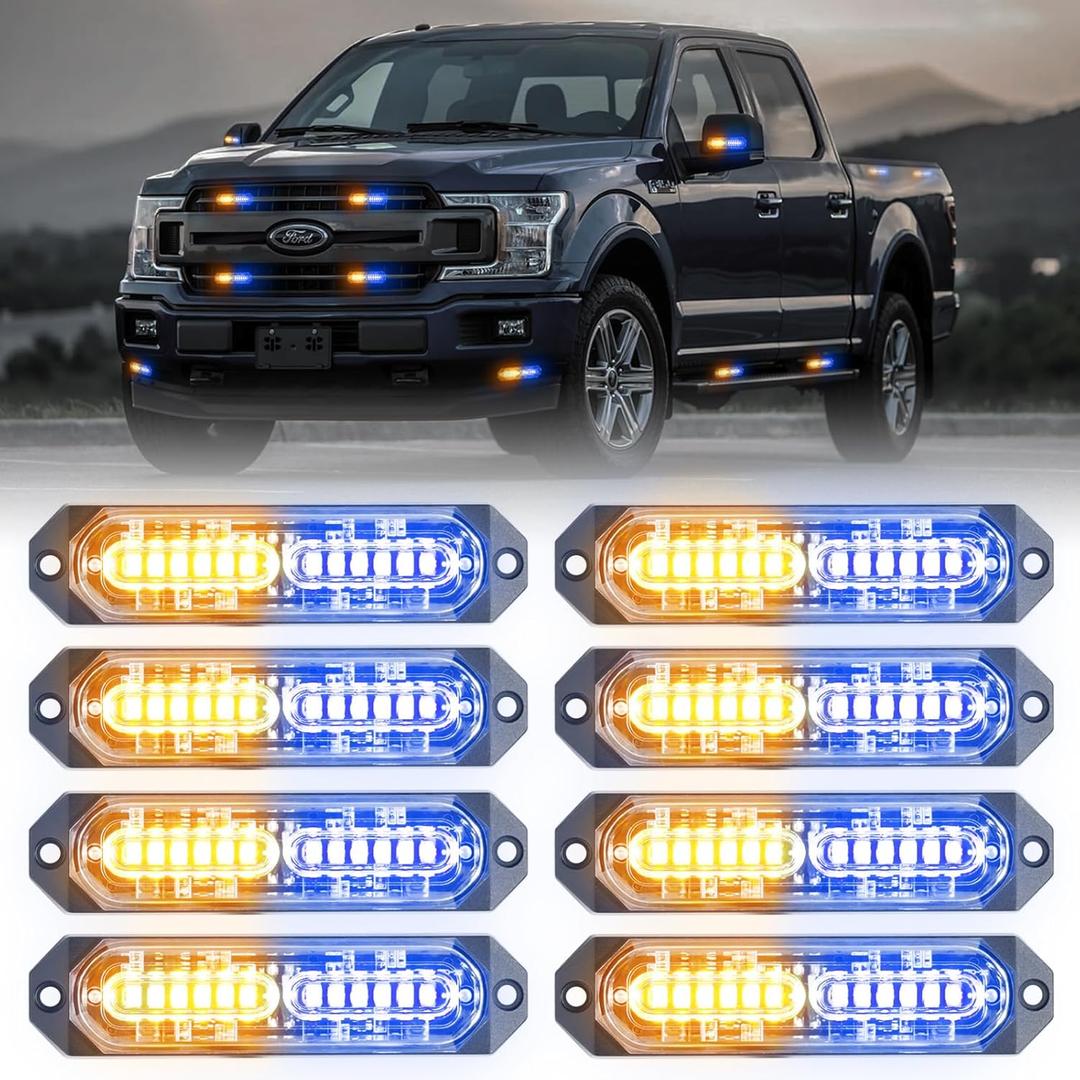 8-Pcs 12 LED Sync Feature Emergency Strobe Grille Lights Ultra Slim Surface Mount Hazard Warning Flashing Light Bar for Firefighter/Construction/Police/Trucks/Vehicles/Car/SUV (Blue/Amber)
