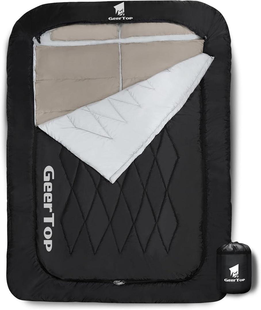 GEERTOP Comfort Doublewide Sleeping Bag with Blanket Queen Size Two Person Sleeping Bag for Adults, Couples & Family Camping, Black 