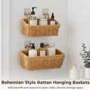 2 PCS Wall Hanging Baskets, Woven Storage Organizer Set, Rattan Style Shelf with Adhesive Hooks, Metal Frame Basket, Bohemian Decor Holder for Bathroom Kitchen Living Room