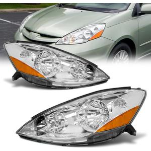 Headlight Assembly for 2006 2007 2008 2009 2010 Toyota Sienna Chrome Housing with Amber Reflector Left and Right (Not Compatible with Factory HID Option)