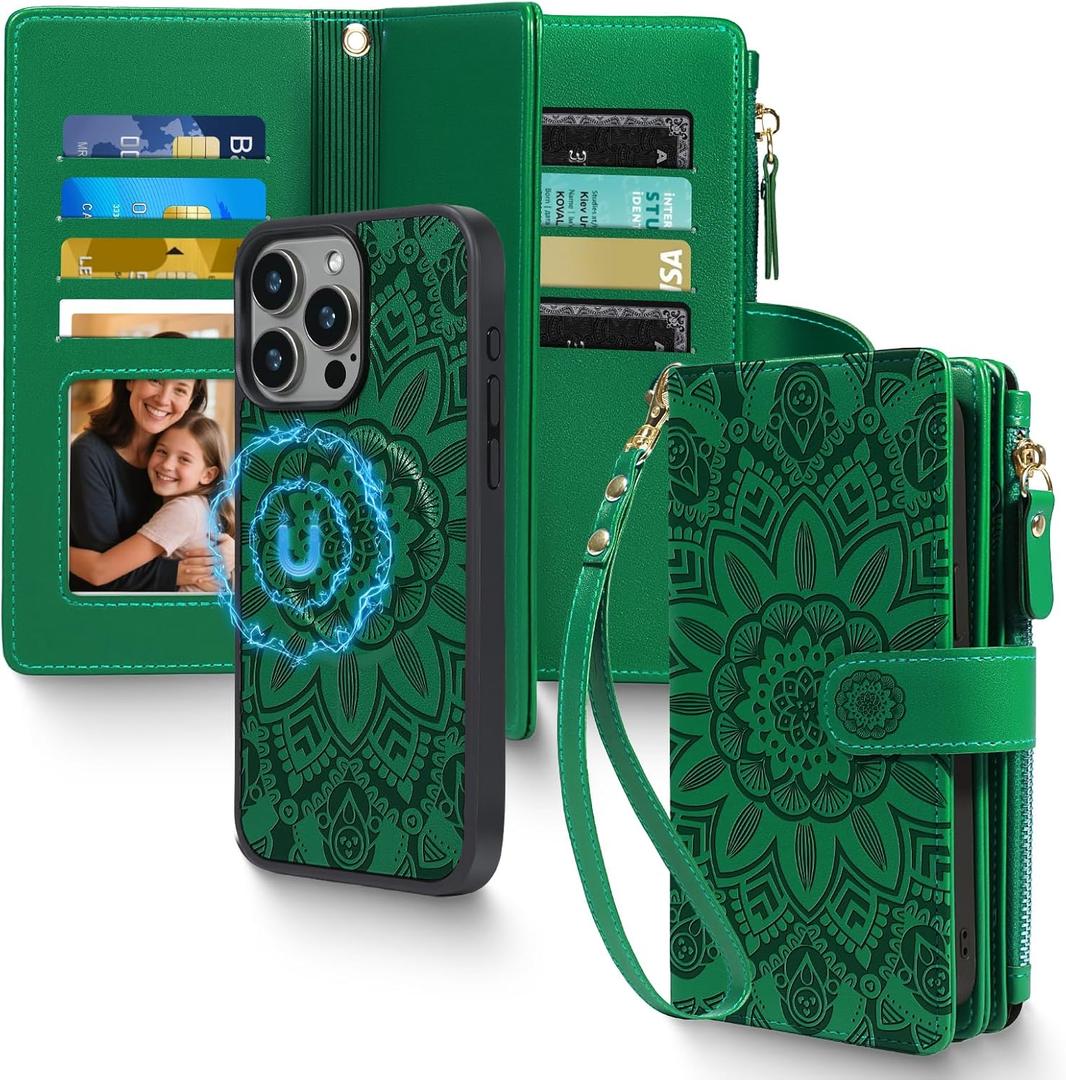 Harryshell 2 in 1 for iPhone 16 Wallet Case Magnetic Compatible with Magsafe RFID Blocking Card Holder Detachable Phone Cover Zipper Purse Kickstand Wrist Strap for Men Women 6.1" 2024 Floral Green