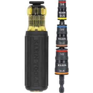 Klein Tools 32910 Impact Driver, 7-in-1 SAE Impact Socket Set with Handle, Flip Socket with 1/4, 5/16, 3/8, 7/16, 1/2 and 9/16-Inch Nut Driver Sizes and 1/4-Inch Bit Holder