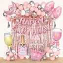 Ouddy Life Pink Happy Birthday Party Decorations for Women Girls, Pink Happy Birthday Love Crown Bow Bottle Lipstick Balloons Fringe Curtain for Princess Birthday Wedding Mother's Day Party Supplies
