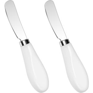 Butter Spreader Knives Set of 2, Stainless Steel Butter Knife with Porcelain Handles, Blunt Edge Cheese Spreader Set for Soft Cheese, Butter, Jam, Charcuterie, Pastry (2Pcs White Handle & Silver Blade)