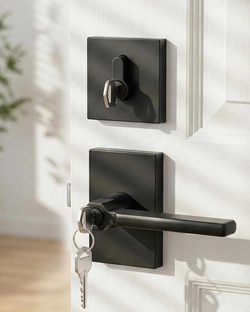 Goldenwarm Black Exterior Door Lock Set, Zinc-Alloy Matte Black Front Door Handle with Lock and Deadbolt, Heavy Duty Square Exterior Door Handle with Deadbolt - 1 Pack