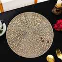 Gold Placemats Round Set of 4 Round PVC Table Mats 15 inches Decorative Heat Resistant Placemats Easy to Clean Kitchen Mats with Leaf Cut-Out Design for Dining Table Holiday Wedding Party Decorative