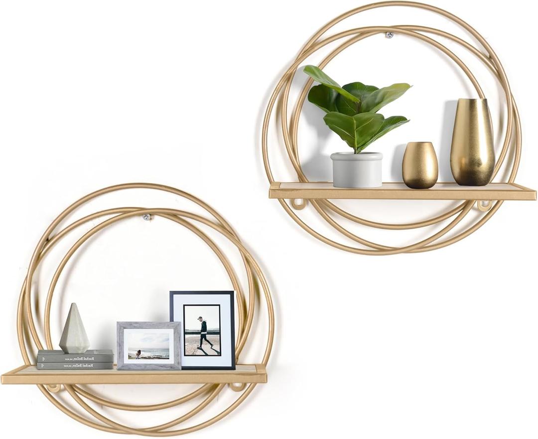 Oakrain Small Floating Shelves Set of 2, 11" Gold Wall Mounted Hanging Shelf with Metal Frame Wood Round Wall Shelves for Storage, Living Room Decor, Bathroom, Kitchen, Bedroom, Office