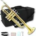 Bb Trumpet for Beginners, Standard B Flat Trumpet with 7C Mouthpiece, Hard Case, Gloves & Cleaning Cloth, Student Brass Instrument (Golden)