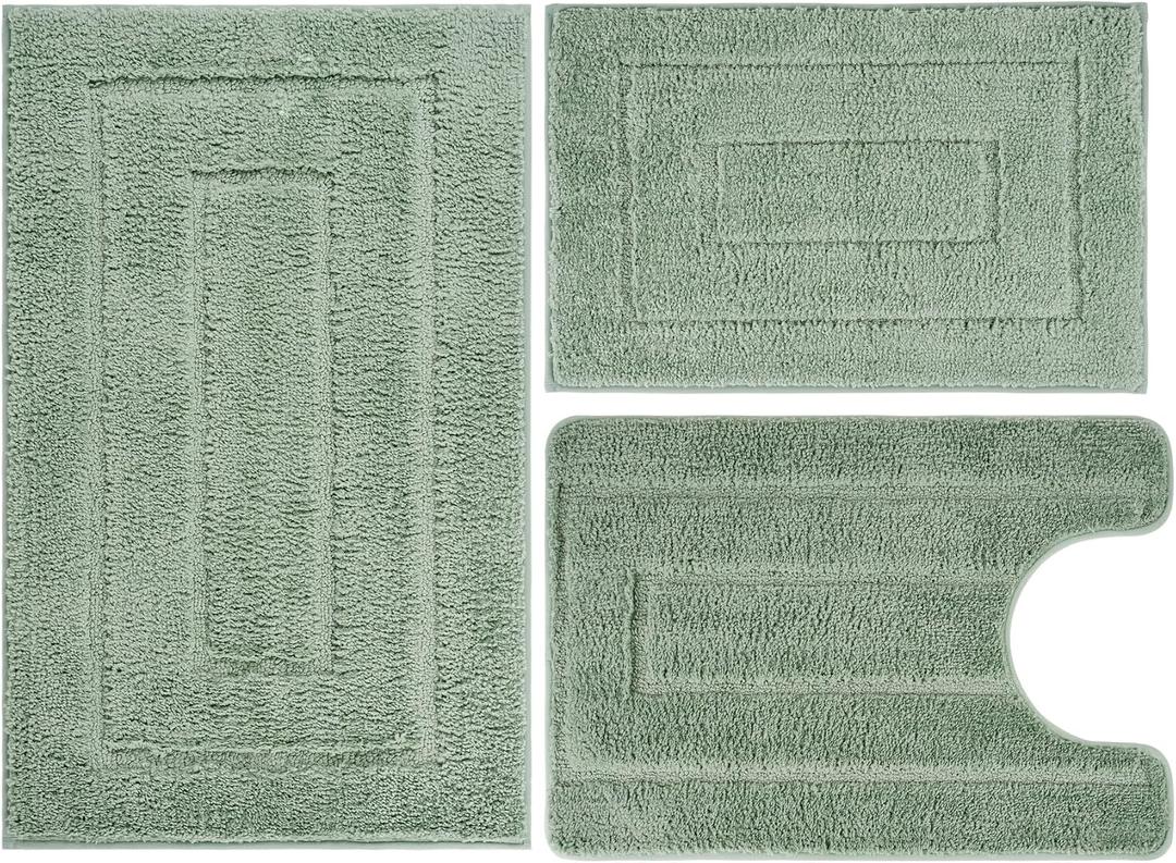 Bathroom Rugs Sets 3 Piece, with 20" x 28" U-Shaped Toilet Rug, Ultra Water Absorbent and Super Soft, Non-Slip, Microfiber Shaggy Plush Bath Mats for Bathroom, Tub, Kitchen (Sage Green)