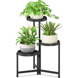 iDavosic.ly 3 Tier Folding Plant Stand Indoor Outdoor with Plastic Tray, Tiered Corner Flower Holder Shelf, Metal Orchid Display Rack for Patio Porch Living Room Garden Balcony, Modern Black