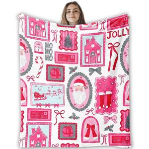 Hot Pink Christmas Fleece Throw Blanket 5060 in, Cozy Santa Blanket for Couch & Bedroom, Gift for Women & Kids (Coquette Decor-02)