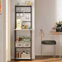 GiftGo Small Coffee Bar Station Narrow Corner Baker Rack Stand with 2 Storage Fabric Drawers 5 S Hooks for Small Spaces Farmhouse Bakers Rack for Kitchen, Entryway, Living Room (Grey, Narrow)