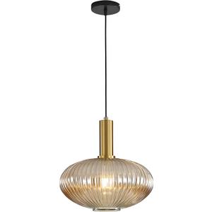 Modern Pendant Light Fixtures for Kitchen Island, Farmhouse Striped Glass Pendant Lighting with Gold Socket, Stylish Ceiling Light for Dining Room and Living Room (11.81'', Amber)