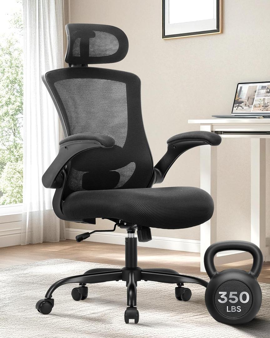 Ergonomic Mesh Office Chair with Lumbar Support 350 lbs High Back Office Chiar with Flip-up Armrests and 3D Large Headrest, Comfy Computer Desk Chair for Home and Office (Black)
