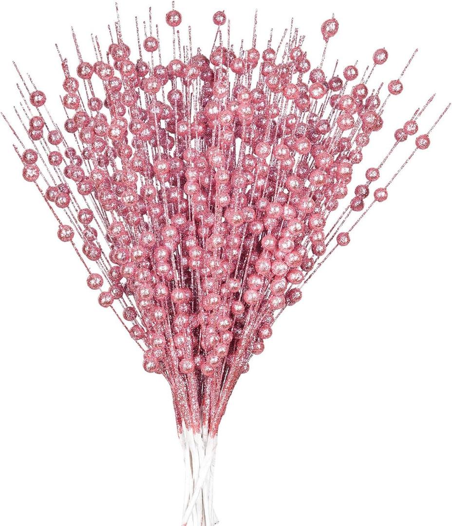 DearHouse 10 Pack Christmas Glitter Berries Stems, Artificial Christmas Picks for Tree Ornaments, DIY Xmas Wreath, Crafts, Holiday Home Decor (Pink)