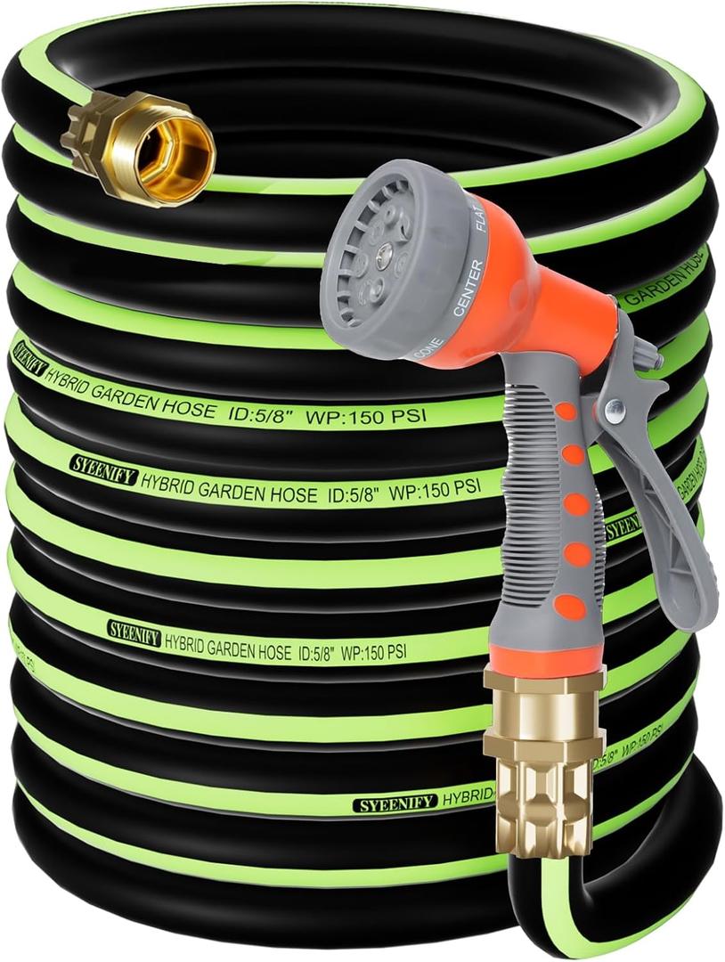 SYEENIFY Kink Free Garden Hose 100ft 5/8", Heavy Duty Hybrid Water Hose, Ultra Durable Flexible Rubber Hose with Sprayer Nozzle,Leakproof Yard Outdoor Hose with Brass Solid Connector