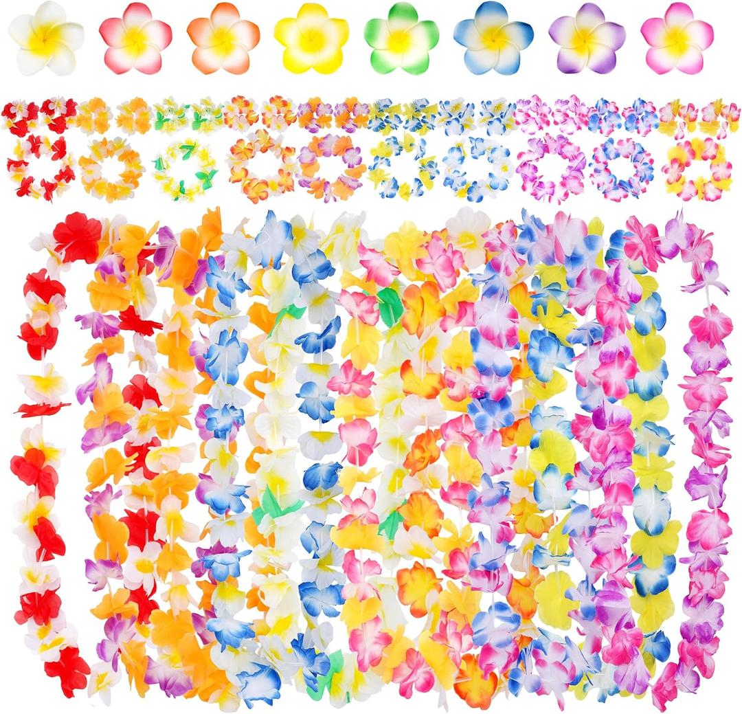 48 PCS Leis for Luau Party Decorations Hawaiian Leis Bulk Headbands Wristbands Flower Hair Clips for Tropical Beach Pool Summer Beach Vacations Party Favors for Birthday Wedding Graduation Decor