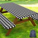 Smiry Picnic Table Cover with Bench Covers, Waterproof Elastic Fitted Tablecloths for 6 Foot Rectangle Tables, Washable Buffalo Plaid Tablecloth for Camping, Outdoor (Black & White, 30"x72")