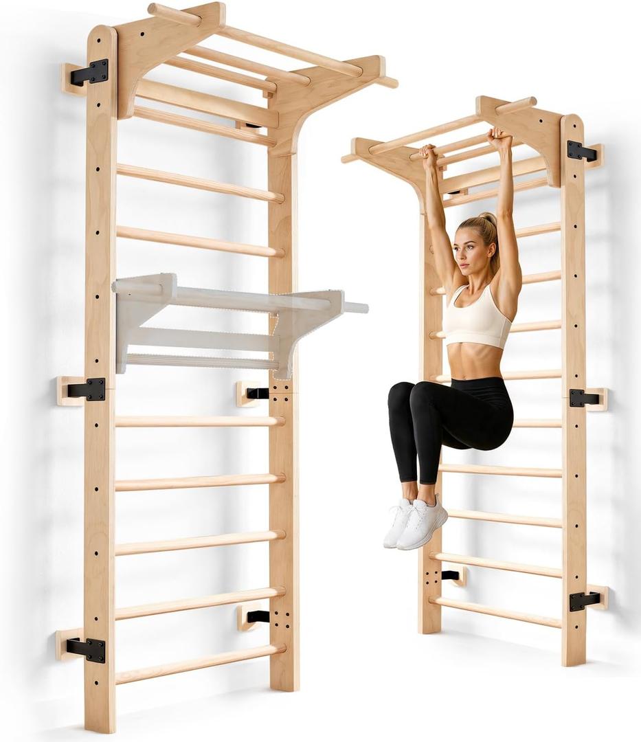 Swedish Ladder Wall Gym, Wooden Stall Bars with Pull-Up Bar-330LB