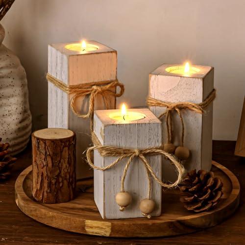 MelonBoat Rustic Flameless LED Candles 3-Pack, Battery Operated Candles with Wooden Candle Holders, White Rustic Farmhouse Decor, Farmhouse Candle Holder for Valentines Holiday Party Home Decor