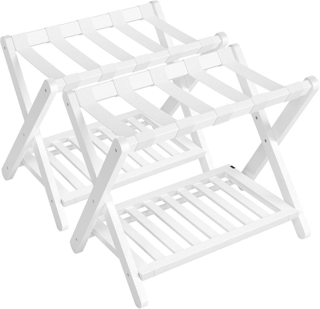 SONGMICS Solid Wood Luggage Racks, Set of 2, No Assembly Required, Foldable Suitcase Stand, Luggage Holder, with Storage Shelf, for Guest Room, Hotel, Bedroom, Cloud White URLR021W01
