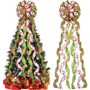 Tigeen Large Christmas Tree Bow Topper 52 x 12 Inch Red Green White Polka Dot Tree Topper Xmas Wreath Bow with Glitter Streamers for Christmas Party Indoor Outdoor Decoration Favor Supplies