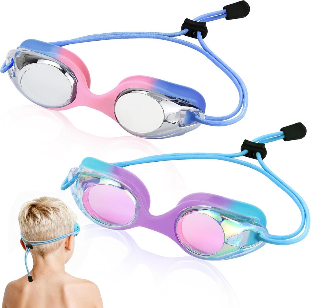 Vvinca Kids Swim Goggles with Bungee Strap No Leaking Anti Fog Toddler Goggles with Quick Adjust Ages 3-14 (01- Blue Pink & Blue Purple)