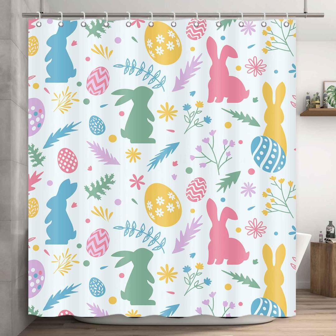 Homewelle Happy Easter Shower Curtain Multicolor Cute Rabbit and Egg Farmhouse Spring Plant Flower Leaves Floral Bunny 60Wx72H Inch Funny Cartoon Waterproof Polyester Fabric Bathroom Bathtub