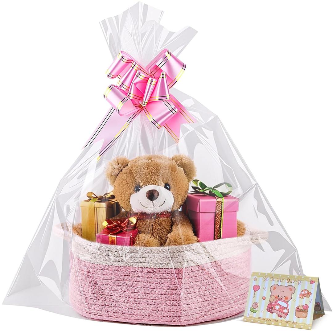 Small Woven Basket, 12" x 8" x 5" Gift Basket Empty with Ribbon and Gift Bag, Rope Basket for Baby Shower, Holiday Presents,Storage Basket with Handle for Nursery,Pet Toy Basket (White-Pink)