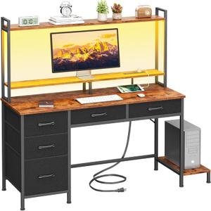 Computer Gaming Desk with Hutch, Home Office Desk with Power Outlets, LED Light, 5 Storage Drawers, 2 Tiers Shelves for Display, 47 Inch Modern Study Writing Table for Bedroom, Rustic Brown