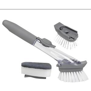 Soap Dispensing Dish Brush with Holder, Kitchen Pot Pan Scrub Brush Set with Replaceable Brush Head, Sink Cleaning Brush with Storage Tray (3-Piece Set Sponge Head)