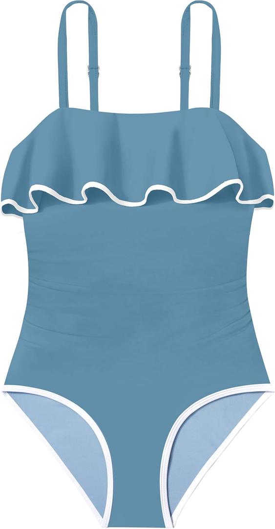 Girls Swimsuit One Piece Swimsuits Color Block Bathing Suit for Teens Ruched Swimwear with Padded 9-16Y (11-12 Years, Haze Blue Ruffle)