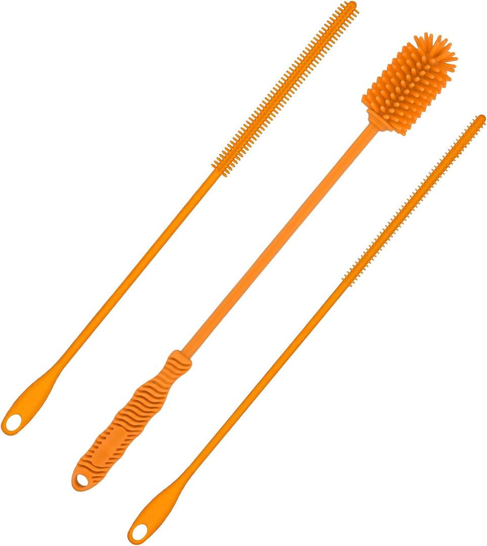 3pcs Silicone Bottle Brush & Straw Cleaner Brush, Reusable Straw Cleaning Brush Water Cup Brush Set Extra Long Brush Kit Bottle Accessories for Stanley Tumbler & Metal Glass Straws (Orange)