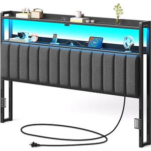 Rolanstar Headboard for King Size Bed with Storage, 60,000 DIY Color of LED Light, Head Board with USB & Type C Port, Height Adjustable, Black Upholstered Cabeceras de Cama Comfortable Modern, Linen