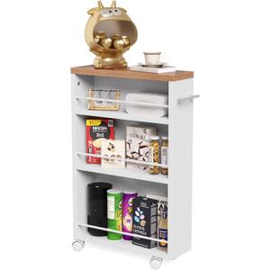LITTLE TREE 4 Tier Rolling Cart with Wheels, 6.3 Inch Slim Storage Cart, Wooden Snack Cart with Narrow Shelf, White Laundry Room and Bathroom Organizer Shelves, 6.3" D x 19.69" W x 31.5" H