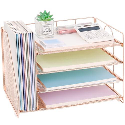 OPNICE 4-Tier Paper Organizer with Magazine Holder, Desk Organizers and Accessories, Office Desk Accessories & Workspace Organizers, Desktop File Organizer for Office Supplies Storage, Rose Gold