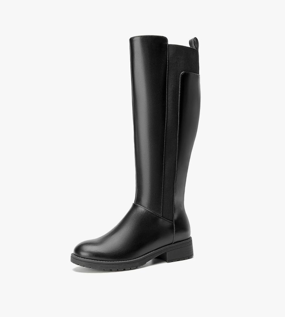 Women's Flat Low Heel Knee High Boot Fashion Extra Wide Calf Boots Side Zip Stretch Winter Booties.9