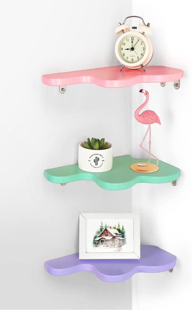 Menkxi Cute Wavy Corner Shelf Wall Mount, Set of 3 Wood Floating Cloud Corner Wall Shelves with Cord Hole Wall Danish Pastel for Bedroom Living Room Bathroom Kitchen