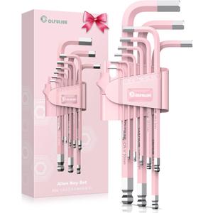 COLFULINE 9 PCS PINK Allen Key Set, Long Ball End Hex Key Set, Cr-V Allen Wrench Set for Women, Size 1.5-10mm with Colour-Coding for Best Gifts and Home Repair