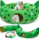 Cat Tunnel Christmas Tree Skirt, 3ft x 3ft x 9.8in Cat Tunnels for Indoor Cats, Grinch Cat Tunnel Bed with Hanging Ball and Cat Ears, Kitten Toys for Indoor Kittens Puppy Rabbit Ferret (Green)