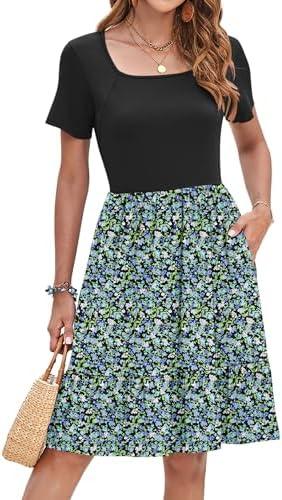 AUSELILY Womens Summer Dresses 2025 Casual Short Sleeve Dress Square Neck A-Line Ruffle Sundress with Pockets XL