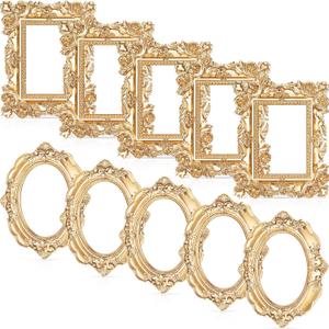 Leinuosen 10 Pcs Mini Gold Frames Vintage Resin Picture Small Antique Gold Tiny Oval Rectangle Baroque DIY Wall Hanging Frames for Home Decor Photo Props, Without Backing