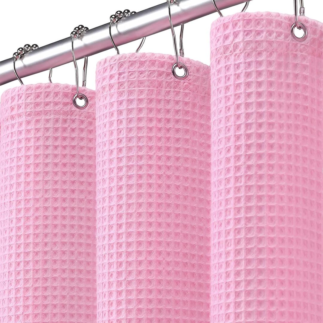 Waffle Weave Shower Curtain - Pink Cotton Fabric Texture Heavyweight Shower Curtain for Bathroom,Washable,72Wx72L